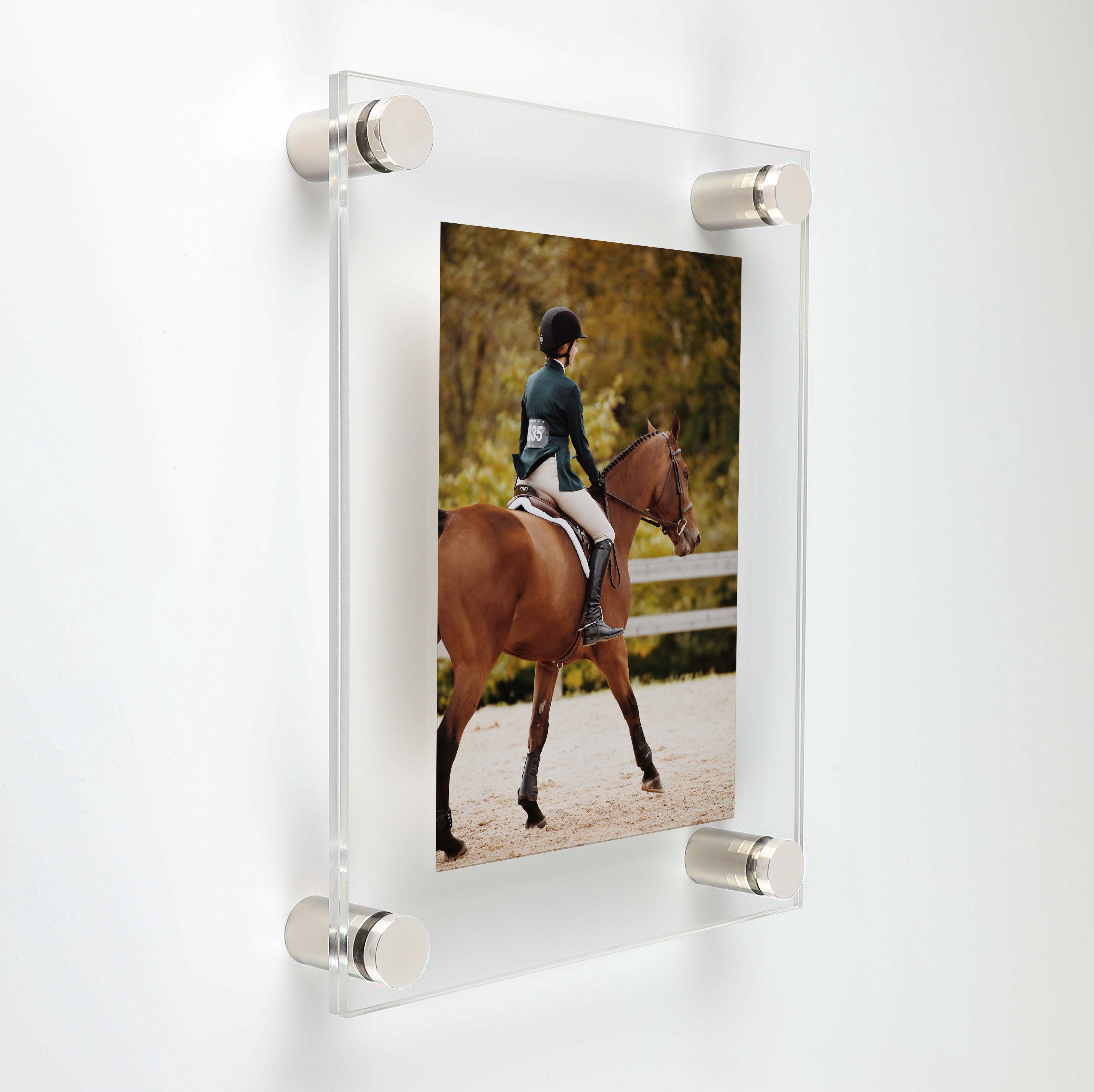 (2) 19-3/4'' x 26'' Clear Acrylics , Pre-Drilled With Polished Edges (Thick 3/16'' each), Wall Frame with (4) 5/8'' x 1'' Polished Stainless Steel Standoffs includes Screws and Anchors